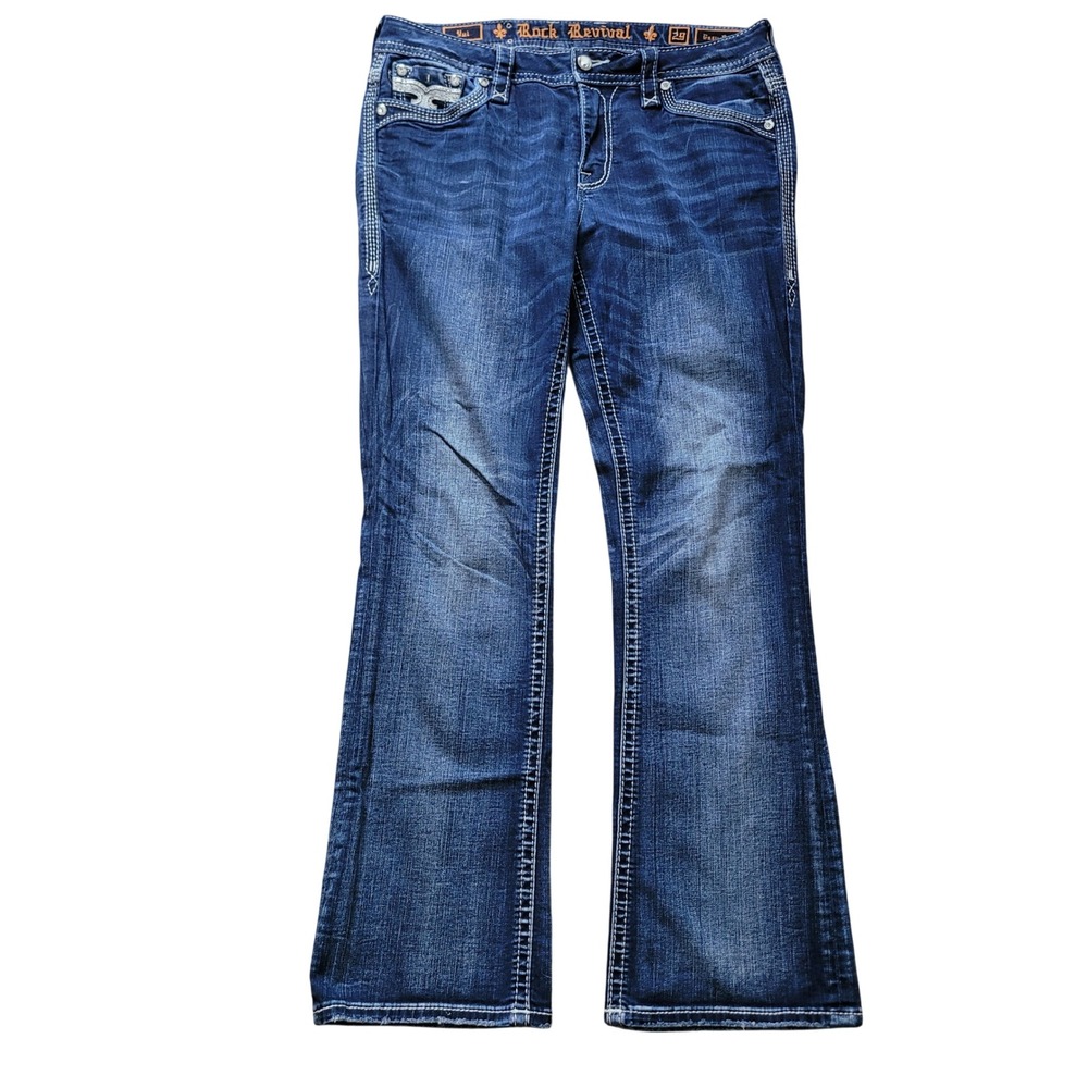Rock Revival 29 Yui Easy Boot Jeans Womens Dark Wash Embellished Fleur De Lis
